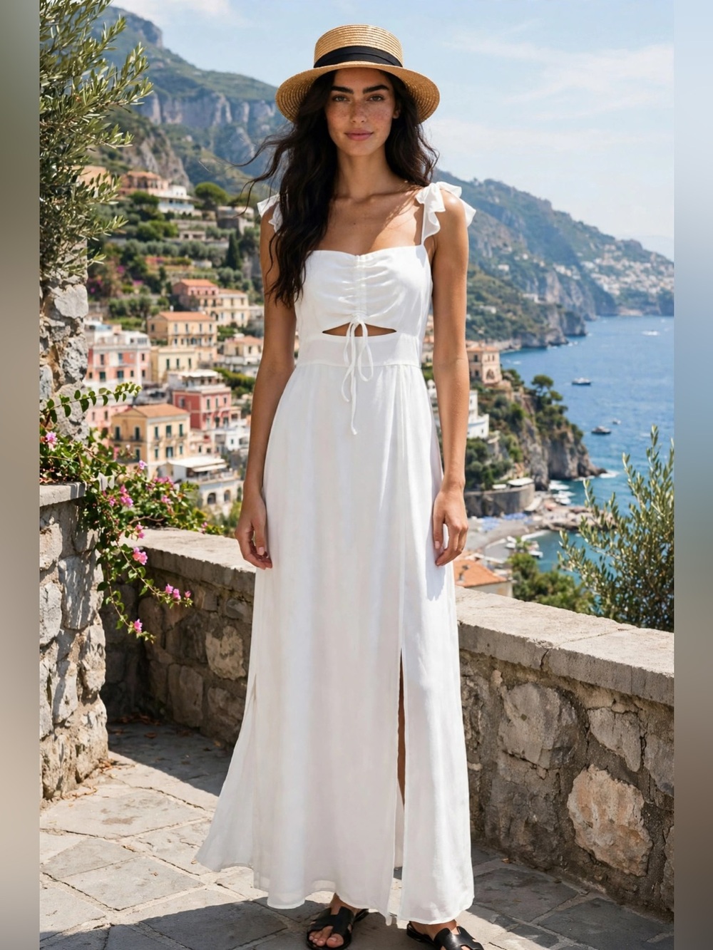 Lulu's White Maxi Dress with Ruched Tie Front